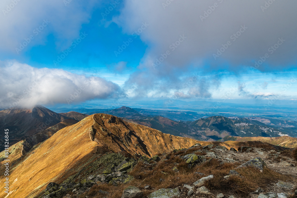 View from Jakubina hill summit in autumn Western Tatras mountains in Slovakia
