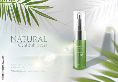 Sunscreen spray bottle on white stage with tropical leaves in 3d illustration