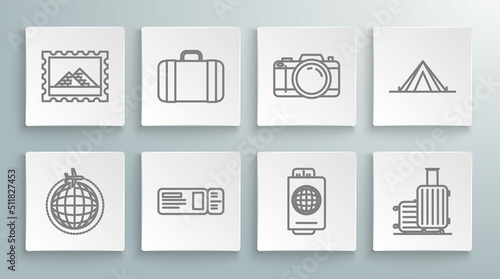 Set line Globe with flying plane, Suitcase for travel, Travel ticket, Passport, Photo camera, Tourist tent and Postal stamp and Egypt pyramids icon. Vector