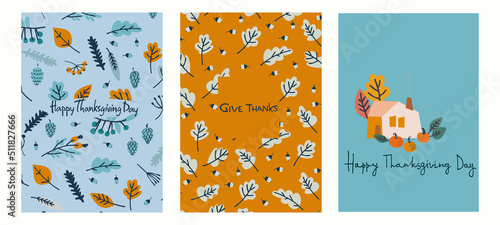 Happy Thanksgiving Day cozy holiday designs set. Hand-lettered greeting phrase with country house, pumpkins, autumn leaves on white background. Greeting card template, logo