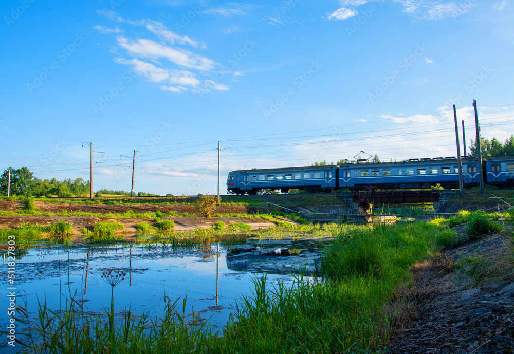 Train on bridge over river in wild. Passenger train passes over a railway bridge over a wild river near a forest in summer day. Wetlands against the backdrop of a passenger train in motion.