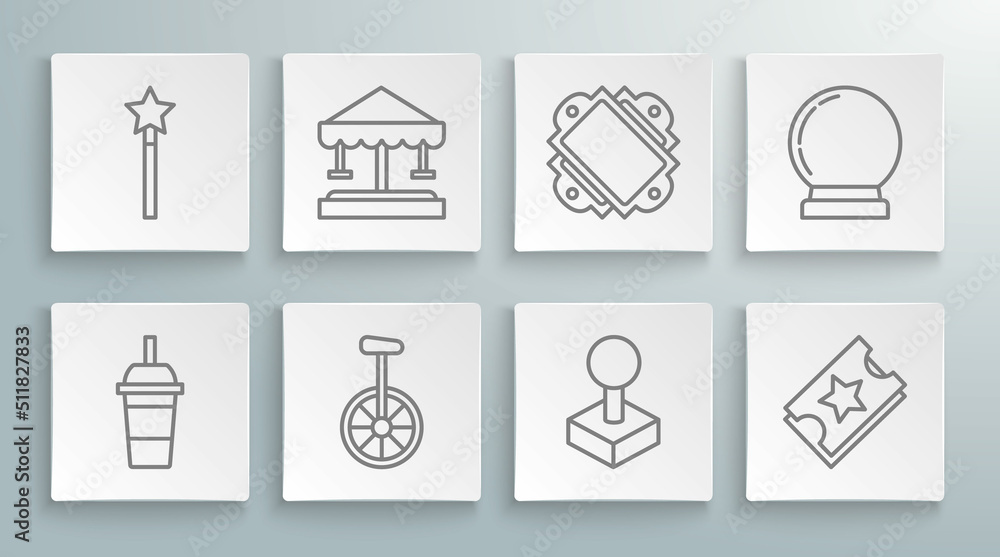 Set line Paper glass with drinking straw and water, Attraction carousel, Unicycle or one wheel bicycle, Joystick for arcade machine, Ticket, Magic ball and wand icon. Vector Set line Paper glass with drinking straw and water, Attraction carousel, Unicycle or one wheel bicycle, Joystick for arcade machine, Ticket, Magic ball and wand icon. Vector