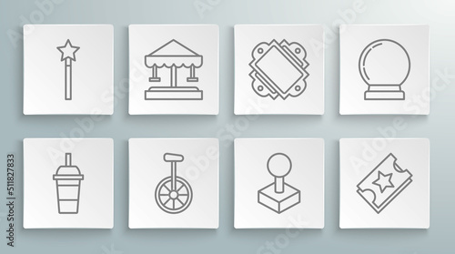 Set line Paper glass with drinking straw and water, Attraction carousel, Unicycle or one wheel bicycle, Joystick for arcade machine, Ticket, Magic ball and wand icon. Vector