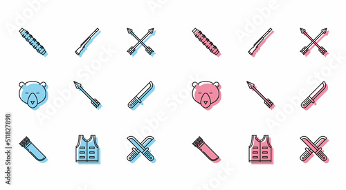 Set line Quiver with arrows, Hunting jacket, cartridge belt cartridges, Crossed hunter knife, Hipster, Hunter, Bear head and gun icon. Vector