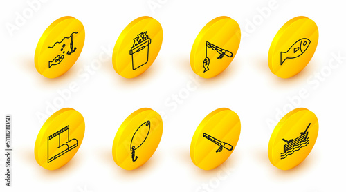 Set line Fishing boat with fishing rod on water, spoon, boots, and, bucket fishes and hook under icon. Vector