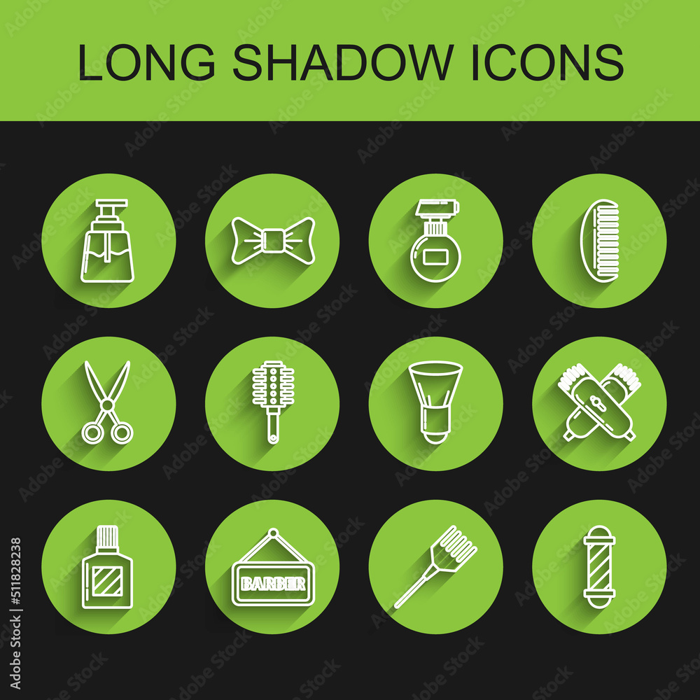 Set line Aftershave, Barbershop, Hairbrush, Classic pole, Crossed electrical hair clipper or shaver and Shaving icon. Vector Set line Aftershave, Barbershop, Hairbrush, Classic pole, Crossed electrical hair clipper or shaver and Shaving icon. Vector