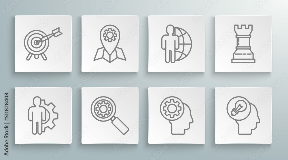 Set line Human with gear inside, Location job, Magnifying glass and, head, lamp bulb, Globe people, Business strategy and Target arrow icon. Vector Set line Human with gear inside, Location job, Magnifying glass and, head, lamp bulb, Globe people, Business strategy and Target arrow icon. Vector