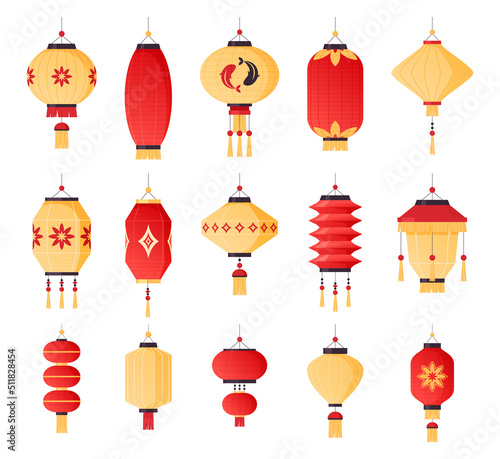 Chinese paper lanterns. Asian festival, holiday celebration. Vector illustration