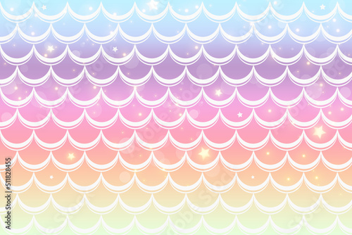Pastel background with mermaid scales and magic stars. Pattern with tail on gradient. Marine underwater backdrop. Vector