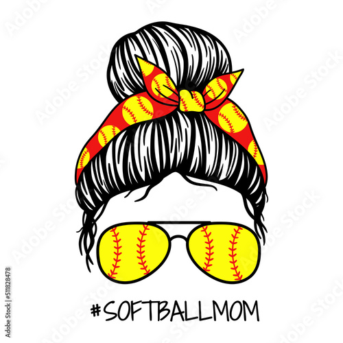 Football Messy Bun Mom life.  Women face with aviator glasses, bandana. Vector illustration. Isolated on white background. Good for posters, t shirts, postcards.