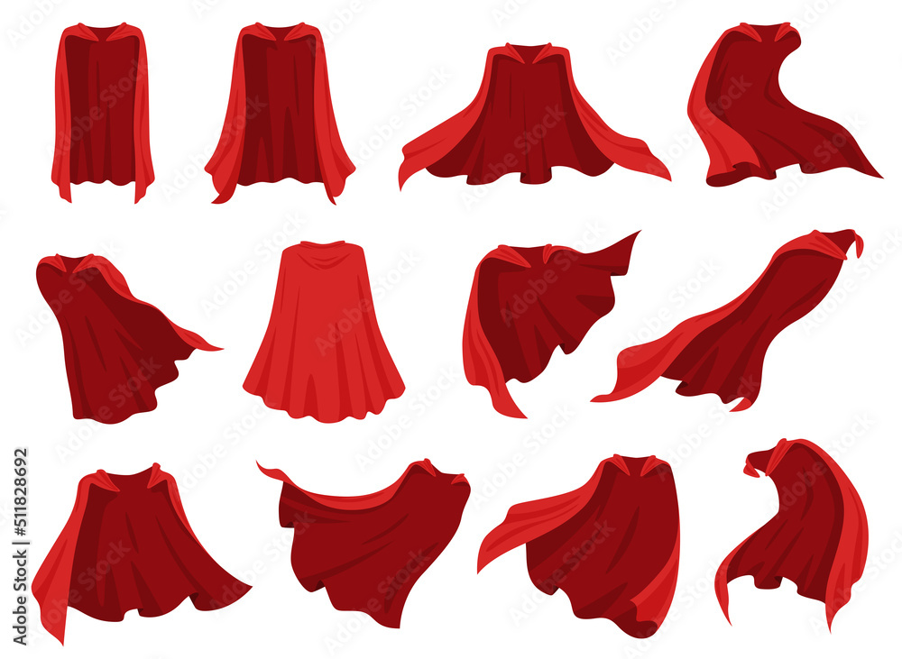 Red superhero cape. Silk cloak with red fabric in different positions. Vector illustration - obrazy, fototapety, plakaty 