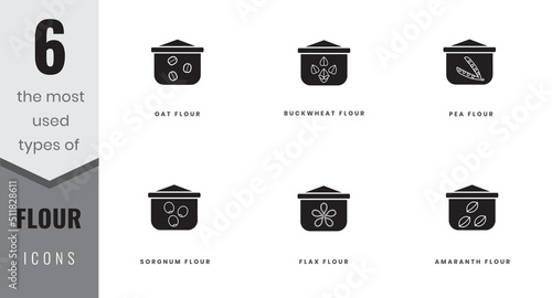 The most used types of flour icons. Flax, amaranth, oat, buckwheat, pea and sorgnum. In lineart, outline, solid, colored styles. For website design, mobile app, software