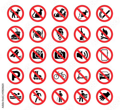 Set of prohibition icons. Prohibition warning. Red circle with oblique line. Vector illustration