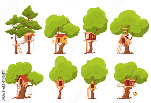 Set of tree houses. The childrens house is built on a tree. Childrens games in nature. Vector illustration