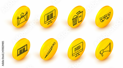 Set line Megaphone, Computer PC monitor with HD video technology, Knife, Buy cinema ticket online, Comedy and tragedy theatrical masks, Popcorn soda drink glass, and Carpet barriers star icon. Vector