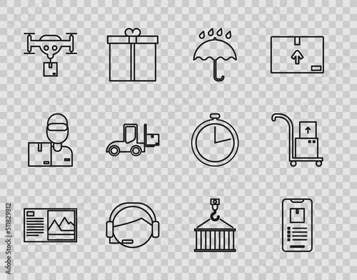 Set line Postcard, Mobile phone with app delivery tracking, Umbrella and rain drops, Support operator touch, Delivery drone the package, Forklift truck, Container crane and Hand boxes icon. Vector