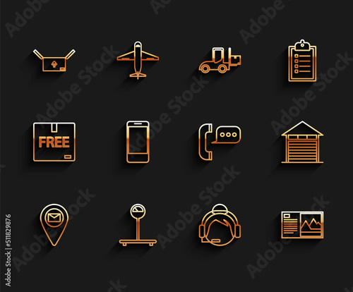 Set line Placeholder on map paper, Support operator in touch, Postcard, Mobile phone app delivery tracking, Closed warehouse and Telephone speech bubble chat icon. Vector