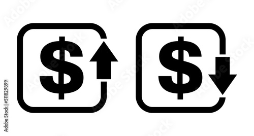 Set of cost symbol dollar increase and decrease icon. Money vector symbol isolated on background