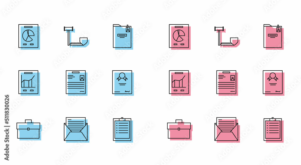 Set line Briefcase, Mail and e-mail, Document with graph chart, Clipboard checklist, Personal document, Certificate template, and Judge gavel shield icon. Vector Set line Briefcase, Mail and e-mail, Document with graph chart, Clipboard checklist, Personal document, Certificate template, and Judge gavel shield icon. Vector