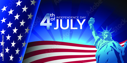4th of July happy Independence Day USA waving flag background and statue of liberty. vector illustration