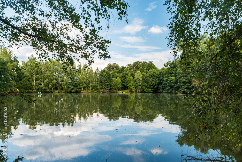 Fototapeta premium Lake with trees around and blue sky with clouds mirroirng on watergorund
