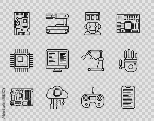 Set line Electronic computer components motherboard digital chip, Computer api interface, Robot, Internet of things, monitor screen, Remote control and Mechanical robot hand icon. Vector