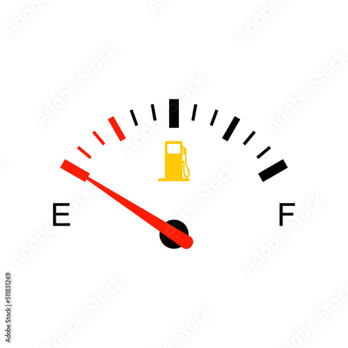 Fuel gauge with warning to indicate low fuel level. Vector illustration of classic gas tank indicator on car dashboard panel. Yellow fuel check light. Empty tank of gasoline. Energy shortage concept.