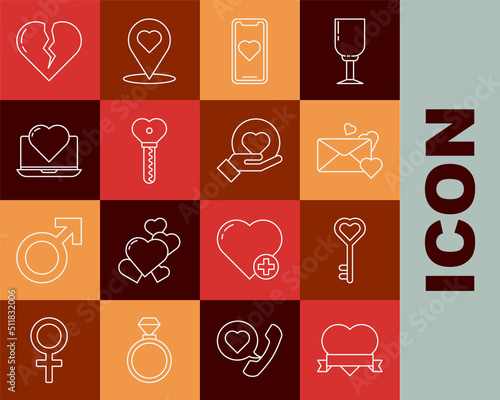 Set line Heart and ribbon, Key in heart shape, Envelope with, Mobile phone, Laptop, Broken or divorce and hand icon. Vector