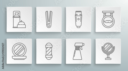 Set line Makeup powder with mirror, Classic Barber shop pole, Hairdresser pistol spray bottle, Round makeup, Electrical clipper shaver, Barbershop and Shaving gel foam icon. Vector