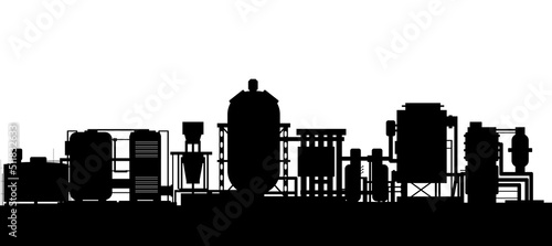 Production plant. Silhouette of objects. Industrial technical equipment. Factory chemical. Seamless horizontal composition. Modern technology enterprise. Isolated on white background. Vector