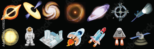 Drawings of astronomy, the universe, and space travel spaceship,2d illustration