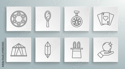 Set line Circus tent, Magic hand mirror, stone, Magician hat rabbit ears, ball, Unicycle wheel bicycle, Playing cards and Star of David icon. Vector