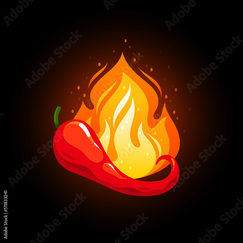 Hot chili pepper with fire. Red spicy chilli for cooking mexican and indian food. Vector cartoon illustration of cayenne pepper burn with flame and sparks isolated on black background