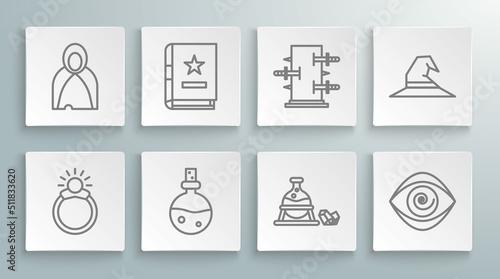 Set line Magic stone ring with gem, Ancient magic book, Bottle love potion, Witch cauldron and, Hypnosis, Trunk for tricks, hat and Mantle, cloak, cape icon. Vector