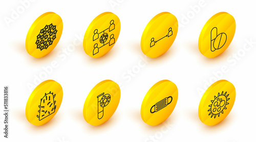 Set line Virus, Medical protective mask, Test tube with virus, Rabies, Medicine pill or tablet, Safe distance, spread and icon. Vector