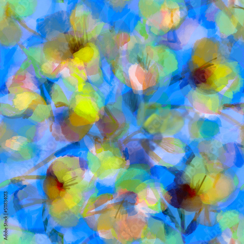 Cute spring - summer delicate layered flowers seamless pattern Watercolor transparent effect illustration