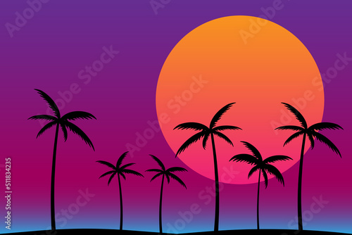 Fototapeta Naklejka Na Ścianę i Meble -  Silhouette of gradient palm trees in 80s style on a black background. Tropical palms isolated. Summer time. Design for posters, banners and promotional items. jpeg image illustration
