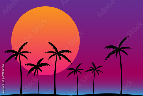 Silhouette of gradient palm trees in 80s style on a black background. Tropical palms isolated. Summer time. Design for posters, banners and promotional items. jpeg image illustration 