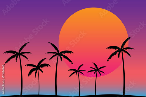 Silhouette of gradient palm trees in 80s style on a black background. Tropical palms isolated. Summer time. Design for posters  banners and promotional items. jpeg image illustration 