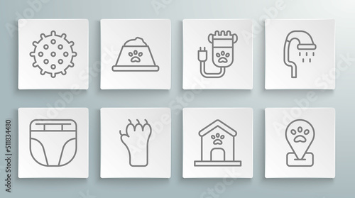Set line Diaper for dog, Pet food bowl, Paw print, Dog house and paw, Location pet grooming, Hair clipper, shower and Tennis ball icon. Vector