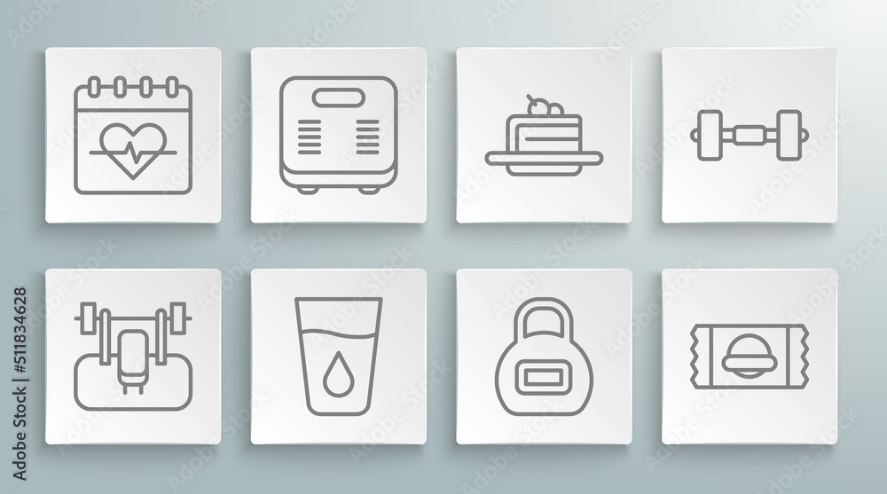 Set line Bench with barbel, Bathroom scales, Glass water, Kettlebell, Sports nutrition, Cake, Dumbbell and Heart rate icon. Vector Set line Bench with barbel, Bathroom scales, Glass water, Kettlebell, Sports nutrition, Cake, Dumbbell and Heart rate icon. Vector