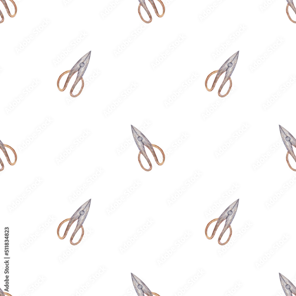 Obraz premium Clippers watercolor seamless pattern with white background. Scissors in the garden theme