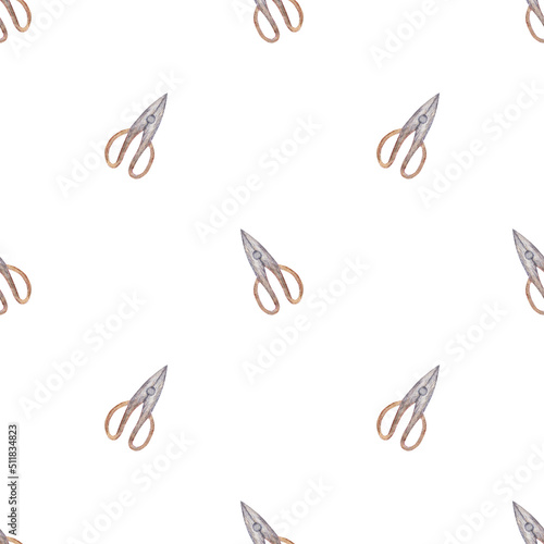 Clippers watercolor seamless pattern with white background. Scissors in the garden theme