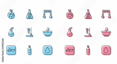 Set line Broken flask, Propane gas tank, Test tube and, Water drop, on fire, Mortar pestle, Plant breeding and icon. Vector