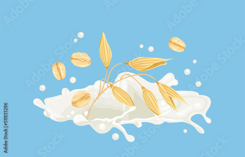 Splash of oat milk. Flakes and oat ear. Vector illustration of organic food in cartoon flat style.
