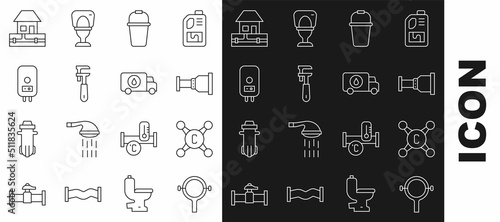 Set line Filter wrench, Water tap, Pipe adapter, Bucket, adjustable, Electric boiler, supply pipes and Plumber service car icon. Vector