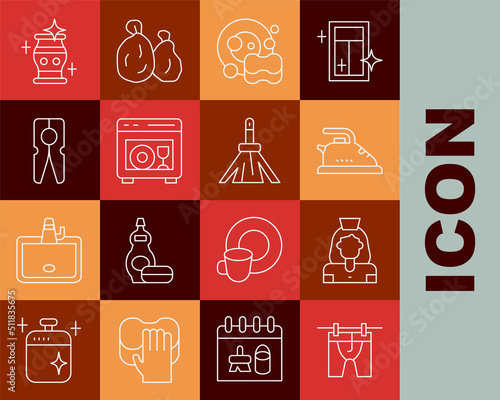Set line Drying clothes, Cleaning lady service, Electric iron, Washing dishes, Dishwasher machine, Clothes pin, vase and Handle broom icon. Vector