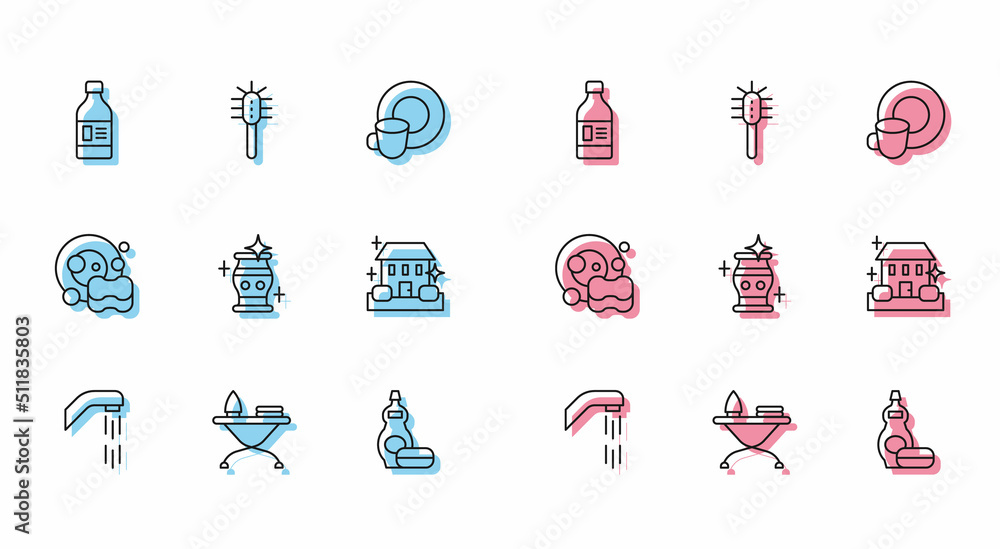 Set line Shower head, Iron and ironing board, Bottle for cleaning agent, Dishwashing liquid bottle, Clean vase, Home service, Washing dishes and Toilet brush icon. Vector Set line Shower head, Iron and ironing board, Bottle for cleaning agent, Dishwashing liquid bottle, Clean vase, Home service, Washing dishes and Toilet brush icon. Vector