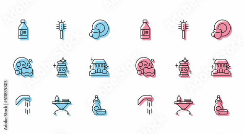 Set line Shower head, Iron and ironing board, Bottle for cleaning agent, Dishwashing liquid bottle, Clean vase, Home service, Washing dishes and Toilet brush icon. Vector