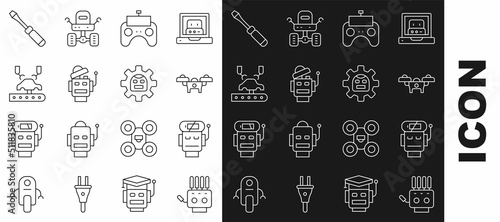 Set line Mechanical robot hand, Robot low battery charge, Drone, Remote control, Robotic arm factory, Screwdriver and icon. Vector